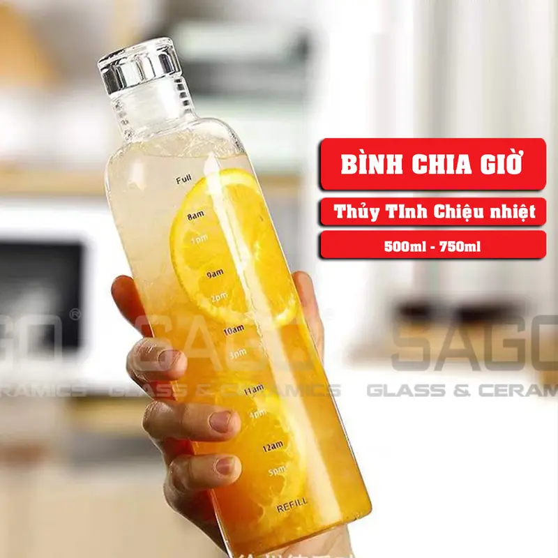 Bình Nước Thủy Tinh Chịu Nhiệt In Vạch Chia Vạch Giờ Cao Cấp 500ml , 750ml | Nắp Thủy Tinh 0