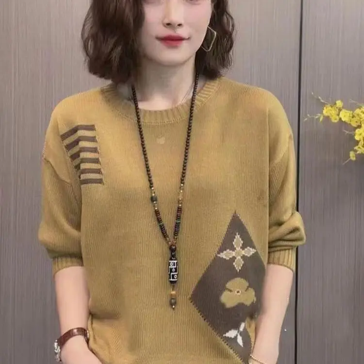 Áo Len Cổ Tròn, Thời Trang, Dáng Rộng Vừa Vặn, Dễ Phối Đồ, Họa Tiết Jacquard, Dài Tay, Ngoại Cỡ, Thích Hợp Cho Mùa Xuân Và Mùa Thu, Mặc Trong Mùa Đông, Hợp Xu hướng, Hàng Mới Về Nữ Women Top