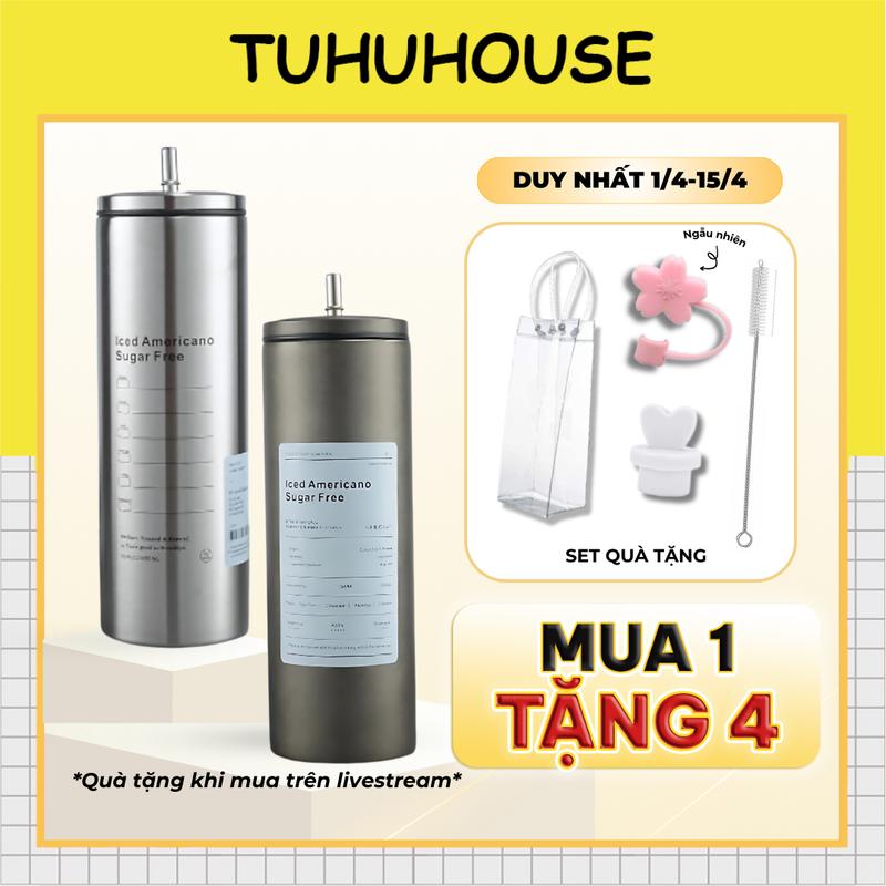 Bình giữ nhiệt iced americano inox 304 DÁNG CAO, ly nước giữ nhiệt nóng lạnh 600ml cao cấp – TUHUHOUSE