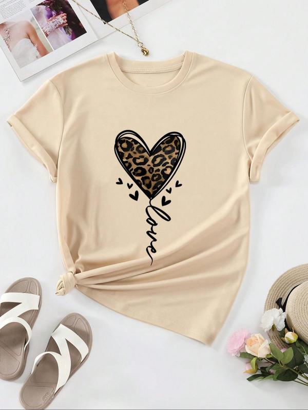 Women's Heart & Leopard Print Drop Shoulder Tee, Casual Half Sleeve Round Neck T-Shirt for Daily Wear, Ladies Clothes for All Seasons, Graphic Tees Women, Women's Clothing, Womenswear 1