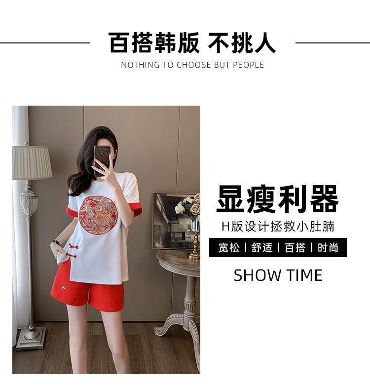 Product Introduction of New Chinese Casual Graceful Fashionable Set Women's Summer Short Sleeve Shorts Red Chinese Style Sports Popular Two-Piece Set 2