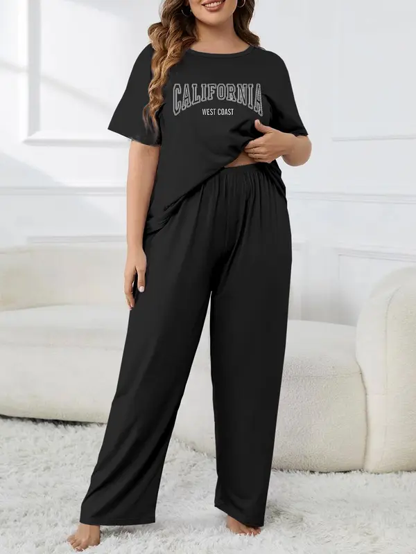 【Plus Size】 Letter Print Tee & Pants Loungewear Two-Piece Set, Casual Comfy Round Neck Short Sleeve T-Shirt & Trousers PJ Set, Women's Sleepwear for All Seasons 0