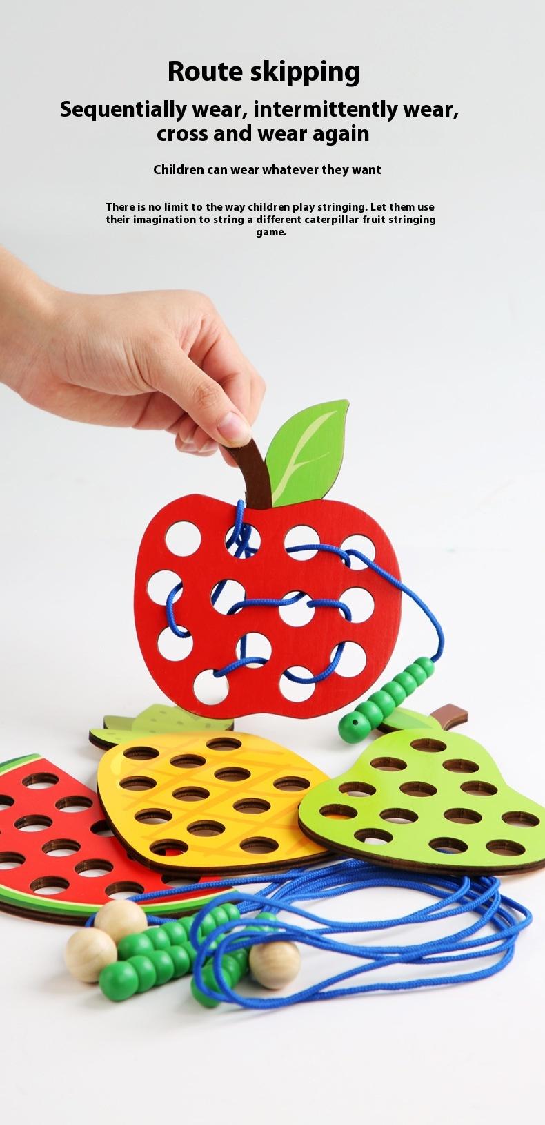 Product Introduction of Wooden Fruit Threading Board Toy Kindergarten Area Put Montessori Early Education String Game 4