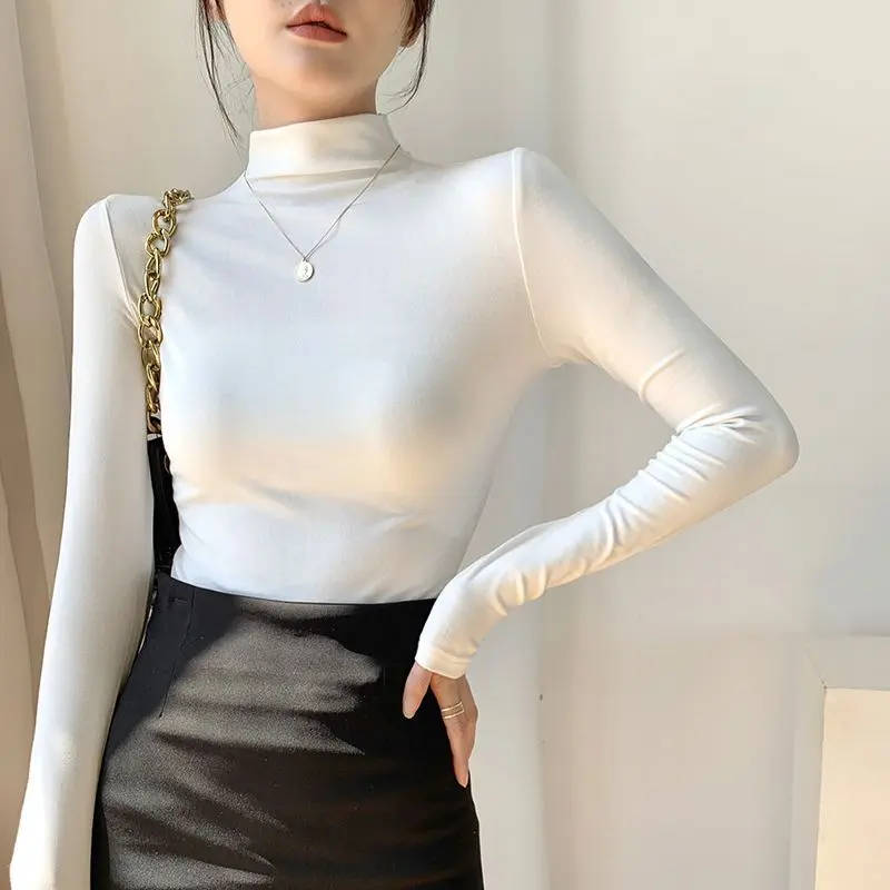 Áo Lớp Nền Trắng Cổ Lọ Nửa, Dành Cho Nữ, Dáng Ôm Mùa Thu, Có Thể Mặc Bên Trong, Áo Thun Dài Tay Cổ Lọ Dễ Phối Đồ Áo Bó Sát Mỏng, [675 Người Ca Méo]