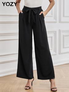 YOZY Women's Spring & Fall Plain Plicated Wide Leg Pants with Pockets, Casual Knot Front Straight Leg High Waisted Trousers for Work Office Daily Wear, Women Clothing