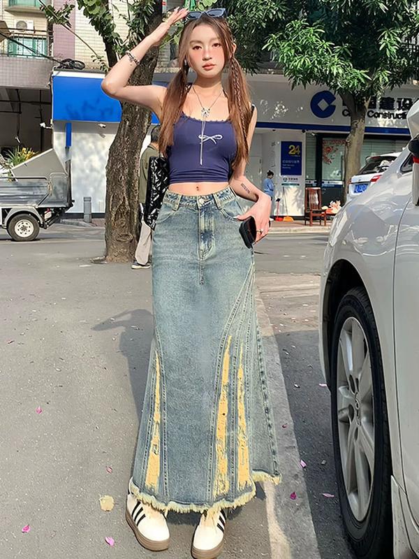 Chân váy jean đuôi cá rách gấu ôm body nữ váy bò dài xẻ tà ngang màu xanh đen V14 - S/M/L/XL 6