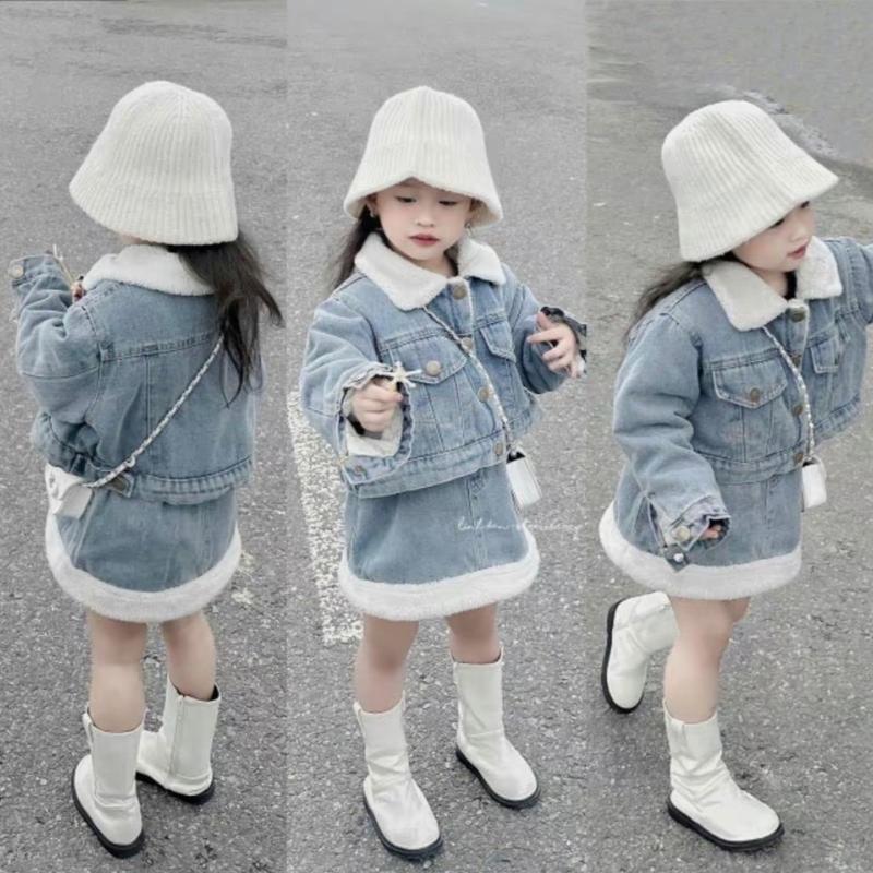 SET BỘ VÁY JEAN phối lông chân váy dáng A có quần bé gái 8-30kg mềm mại 2 mầu Cho Bé