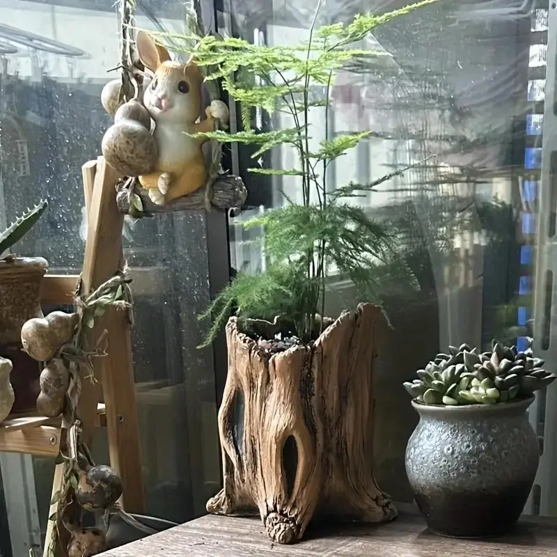 Vintage Tree Root Design Cement Stump Planter, Rustic Tree Root Design Succulent Pot, Flower Pots, Indoor/Outdoor Decorative Garden Pot with Drainage Hole 4