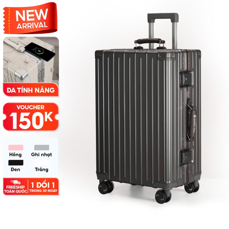 Vali SIZE 20/24 inch Sunny Raymond - vali khung nhôm nhựa PC khóa sập, móc treo đồ, ngăn đựng cốc, cổng sạc USB tiện ích