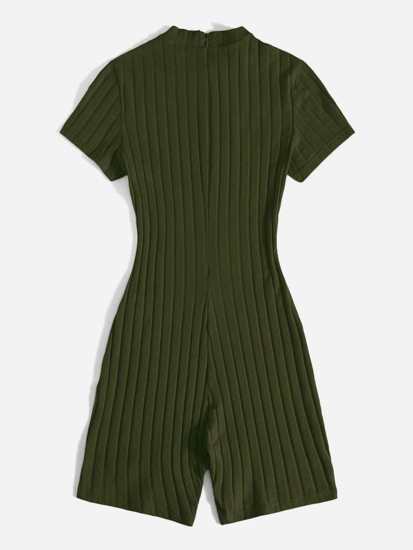 Summer Clothes Women's Plain Zipper Back Mock Neck Romper, Mean Girls Outfit, Minimalist Casual Short Sleeve Ribbed Romper for Summer, Womenswear, Lady Clothes for Daily Wear, Summer Clothes 8