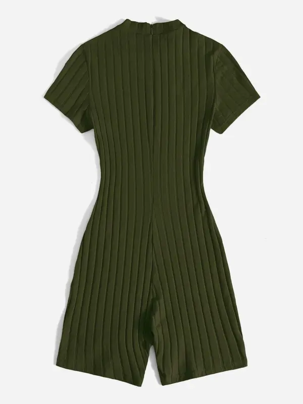 Summer Clothes Women's Plain Zipper Back Mock Neck Romper, Mean Girls Outfit, Minimalist Casual Short Sleeve Ribbed Romper for Summer, Womenswear, Lady Clothes for Daily Wear, Summer Clothes 8