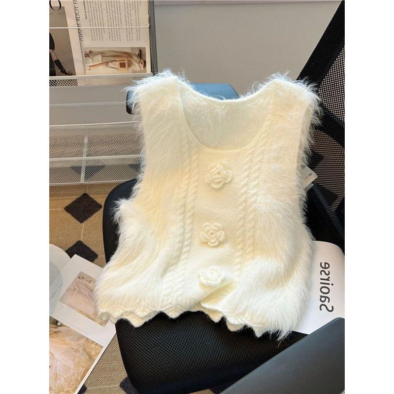 Áo Vest Dệt Kim, Phong Cách Cổ Điển OOTD, Khâu 2024, Dành Cho Nữ, Ngắn, Thích Hợp Cho Mùa Thu Và Mùa Đông, Có Thể Mặc Ngoài Trời, Váy Băng Quấn, Thiết Kế Hoa Ba Chiều Áo Len Dày Women Top 0