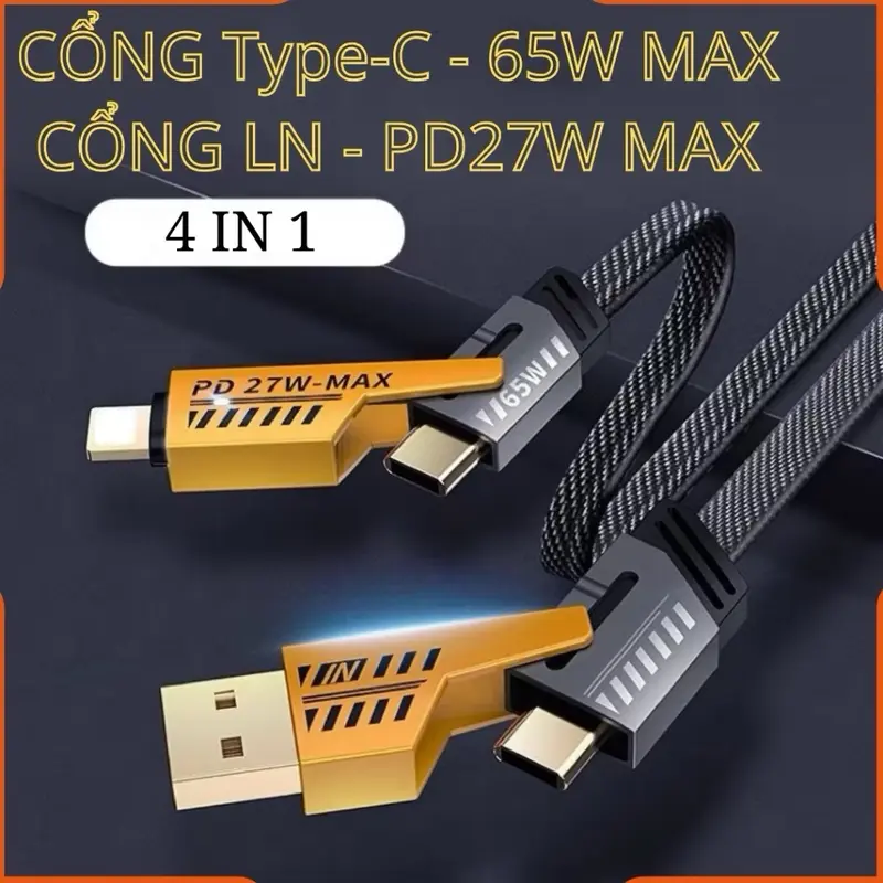 Dây Sạc Siêu Nhanh BILLION 4IN1 Chống Gẫy Siêu Bền Tốc Độ Sạc Siêu Nhanh 65W 2
