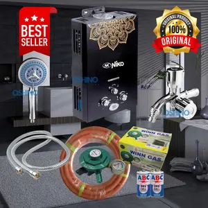 Paket Water Heater Pemanas Air Hitam NIKO LED Terbaru dengan Kran Cabang Stainless Steel & Shower ABS Chrome Listrik
