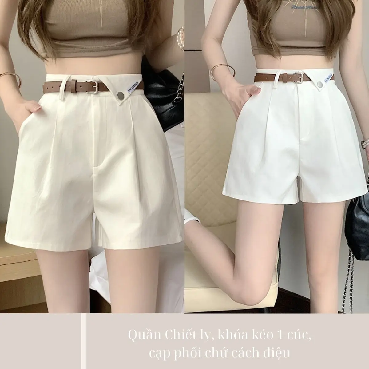 Quần Short kaki co giãn kèm đai cạp chéo Kem Nữ Women Voi Nhung