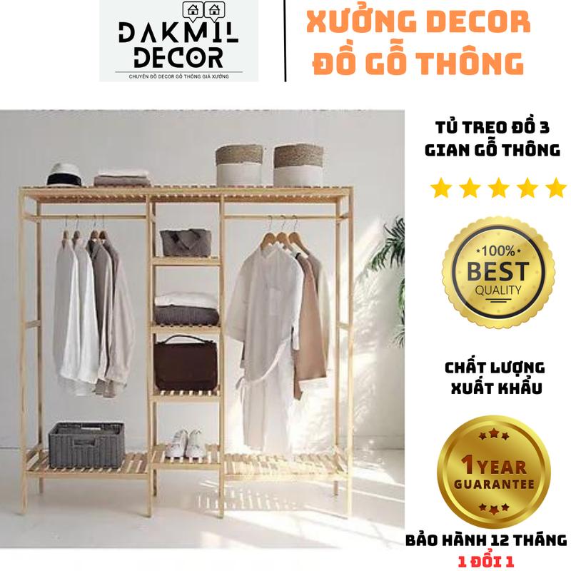 Kệ treo quần áo - Tủ treo quần áo gỗ thông 3 ngăn gỗ thông nhập khẩu