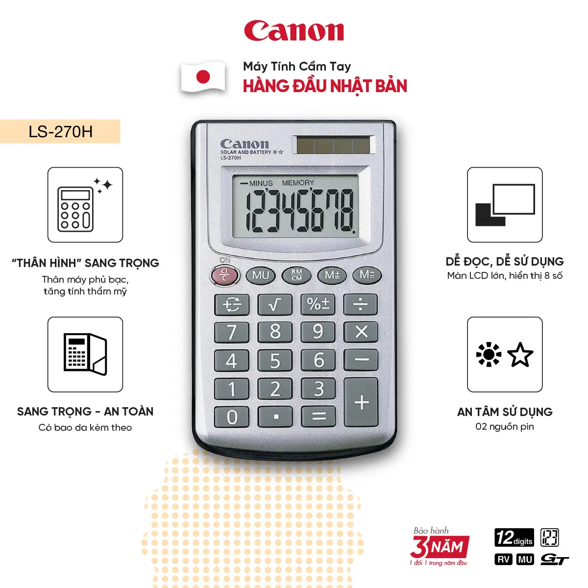 Máy Tính Cầm Tay Canon LS-270H | Thiết Kế Nhỏ Gọn - Phủ Bạc Sang Trọng Kèm Theo Bao Da Cao Cấp | Phù Hợp Di Chuyển Đi Lại maytinh chinhhang math calculators digital