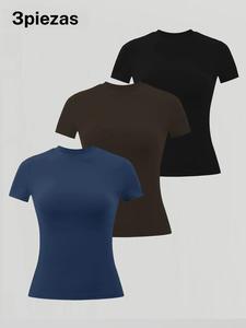 Camiseta deportiva de manga corta con cuello redondo sólido para mujer, camiseta deportiva cómoda y transpirable para uso diario al aire libre, ropa deportiva para mujer para el verano