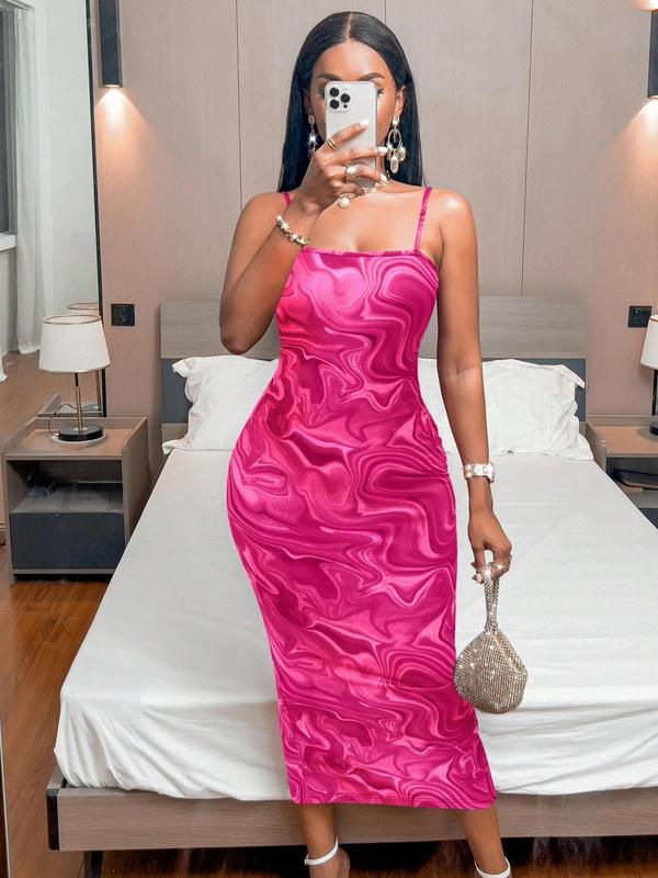 Women's Marble Print Split Thigh Cami Dress, Summer Clothes Women, Elegant Adjustable Strap Bodycon Midi Dress for Party Club, Dress for Women Valentine's Day, gift 2