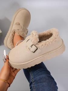 Women's Solid Color Plush Ankle Boots, Casual Buckle Design Warm Short Boots for Fall & Winter, Female All-match Round Toe Shoes for Daily Wear