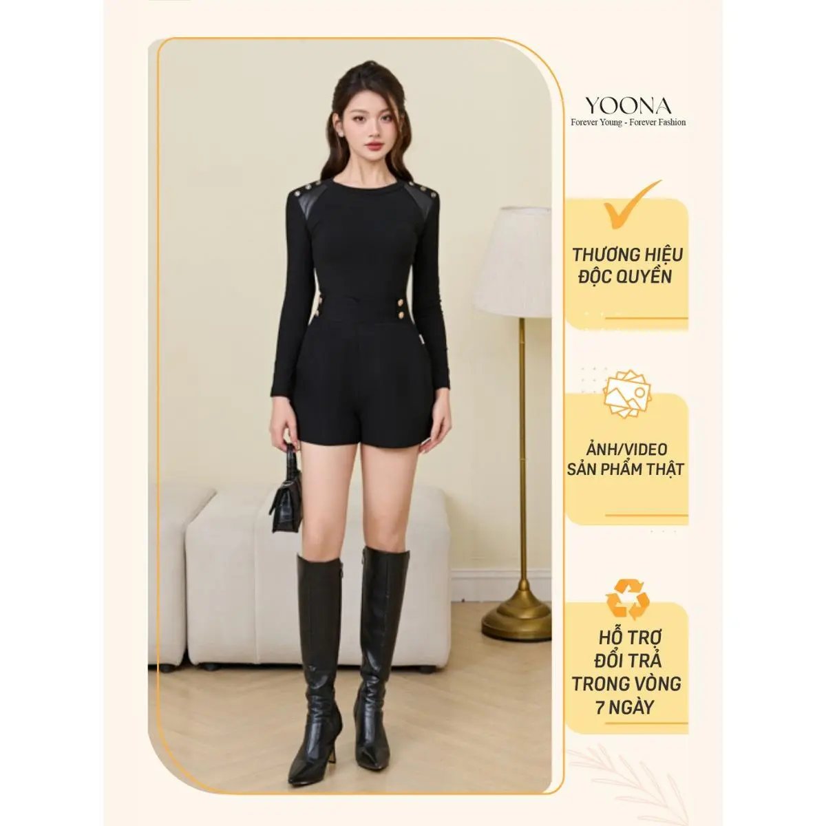 Áo cotton zip thiết kế đen basic dài tay vai đính họa tiết cúc YOONA - YD4B611