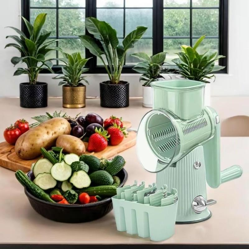 Product Introduction of Manual Rotating Cheese Grater, 1 Count 5 in 1 Replaceable Stainless Steel Blade Vegetable Chopper with Blade Storage Box, Multifunctional Vegetable Slicer for Home Kitchen Dining Room Picnic,  Kitchen Gadgets 8