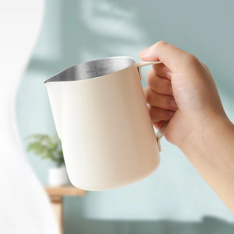 Product Introduction of Coffee Milk Frothing Pitcher Jug 304 Stainless Steel With Scale Latte Steam Coffee Paint Process Kitchen Cafe Accessories 17