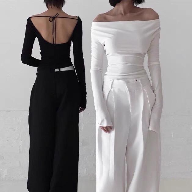 Áo thun cổ đổ hở lưng cột dây tay dài sang xịn chất thun mềm co giãn ôm body Style Âu Mỹ Thu Đông Lolalalo