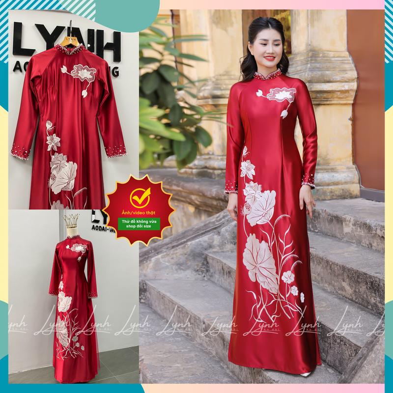 Áo Dài MẸ SUI ĐẸP- THÊU TÀ TRẮNG ĐỎ ĐÔ- Áo Dài LYNH Nữ Váy Voan Hoa Sen