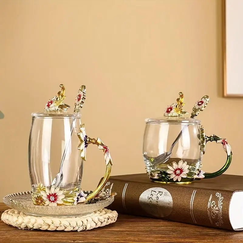 Creative Glass Cup with Spoon, Heat Resistant Glass Plate, Flower Pattern Tea Cup, Coffee Cup, Breakfast Cup, Tableware Set for Home Kitchen