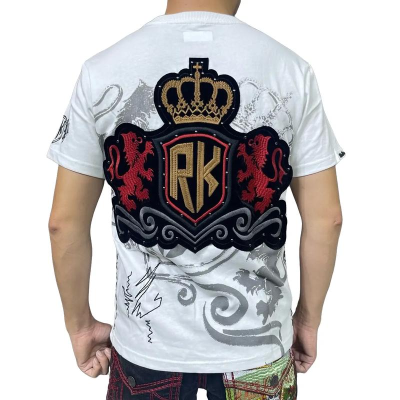 Áo thun nam LORD REVIVED màu trắng sư tử , hoạ tiết đắp nhung full thêu , đính đá bi titan không gỉ sét, không bị oxi hóa