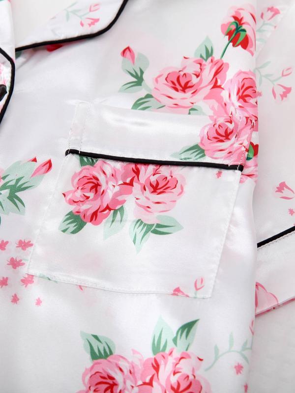Women's Floral Print Contrast Binding Pyjama Set, Chic Satin Collar Button Up Blouse & Elastic Waist Bow Front Shorts, Summer Sleepwear Set 3