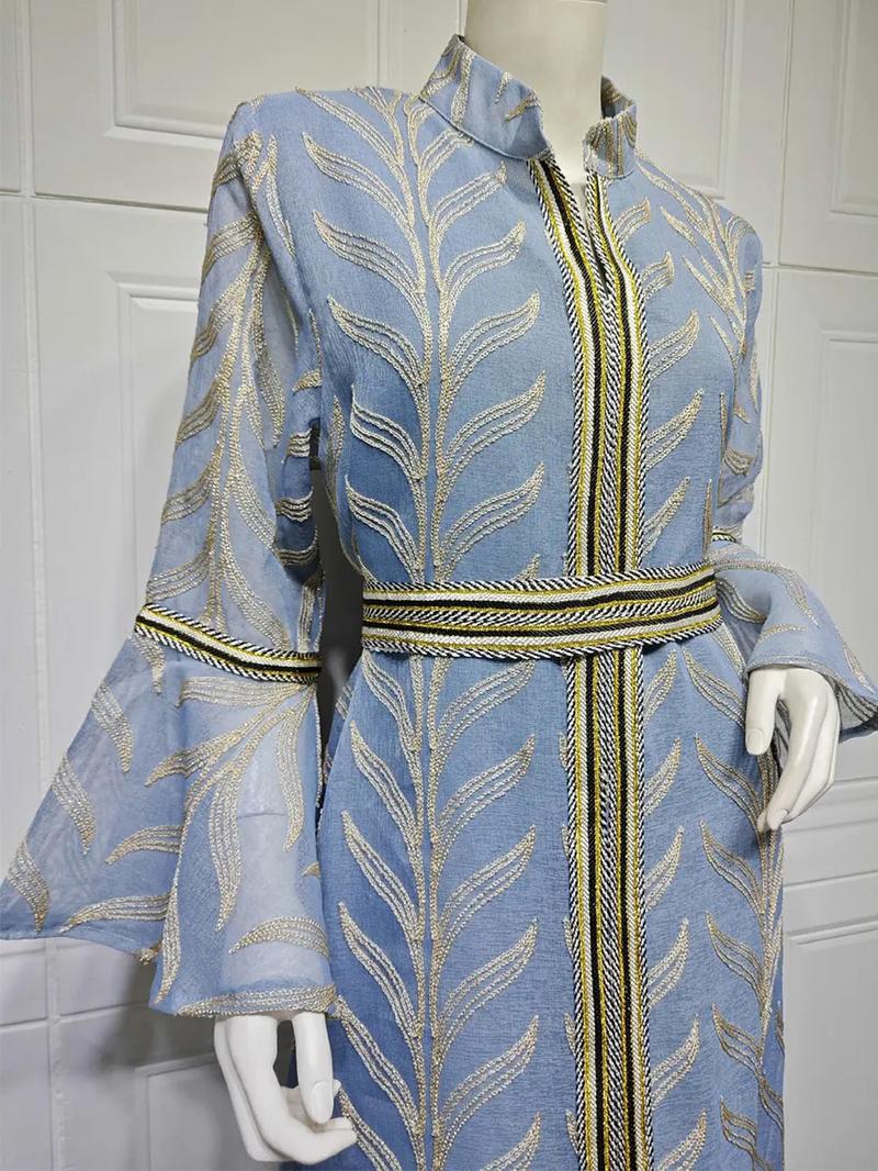 Product Introduction of Dubai Embroidery Abaya With Belt For Muslim Woman Notched Stand Collar Flare Sleeve Elegant Loose Moroccan Saudi Kaftan 24