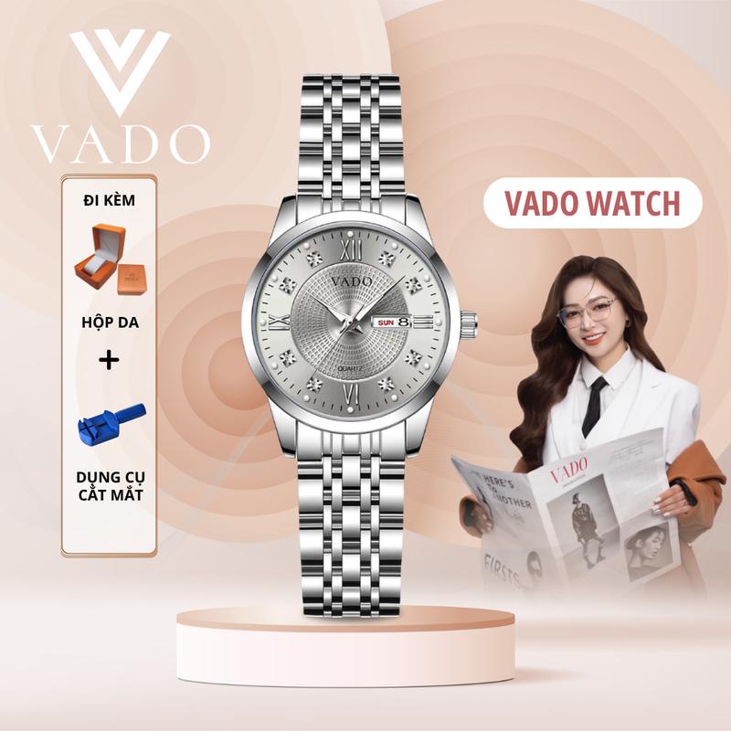 VADO Đồng hồ nữ mặt tròn, dây kim loại, mặt đính đá sang chảnh, phong cách sang trọng - DHJ770