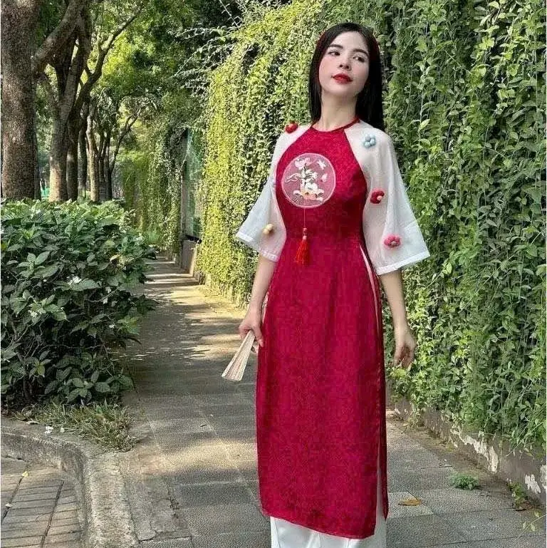 set áo dài tay lửng thêu hoa