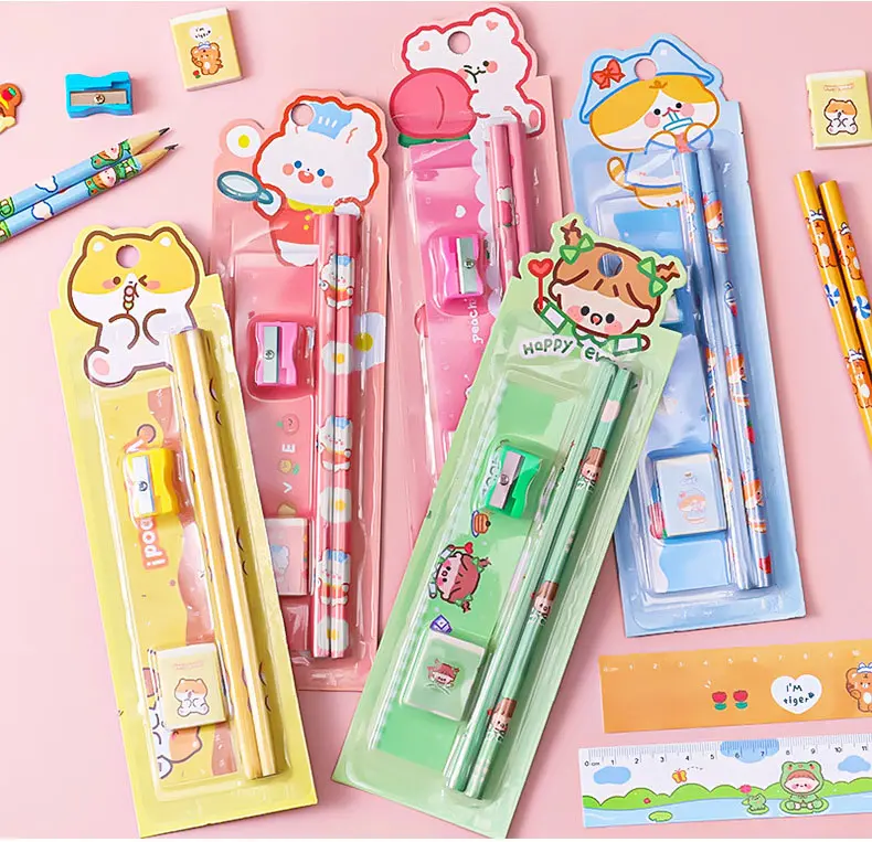 Bộ 5 món đồ dùng học tập gồm 2 bút chì, thước, tẩy, gọt bút chì - bộ bút chì quà tặng / 5 trong 1