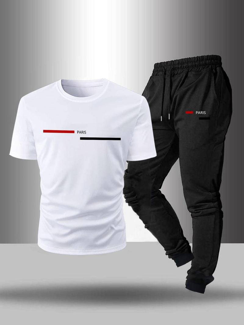 Product Introduction of Men's Letter Print Tee & Drawstring Waist Pants Two-piece Set, Regular Fit Round Neck Short Sleeve T-shirt & Trousers, Casual Clothes for Summer 5