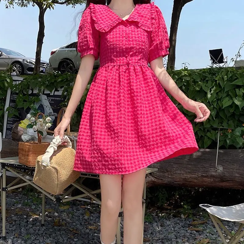 Mori Style First Love Skirt Summer Super White Bubble Plaid Berry Color Lace up Slimming A- line Short Dress