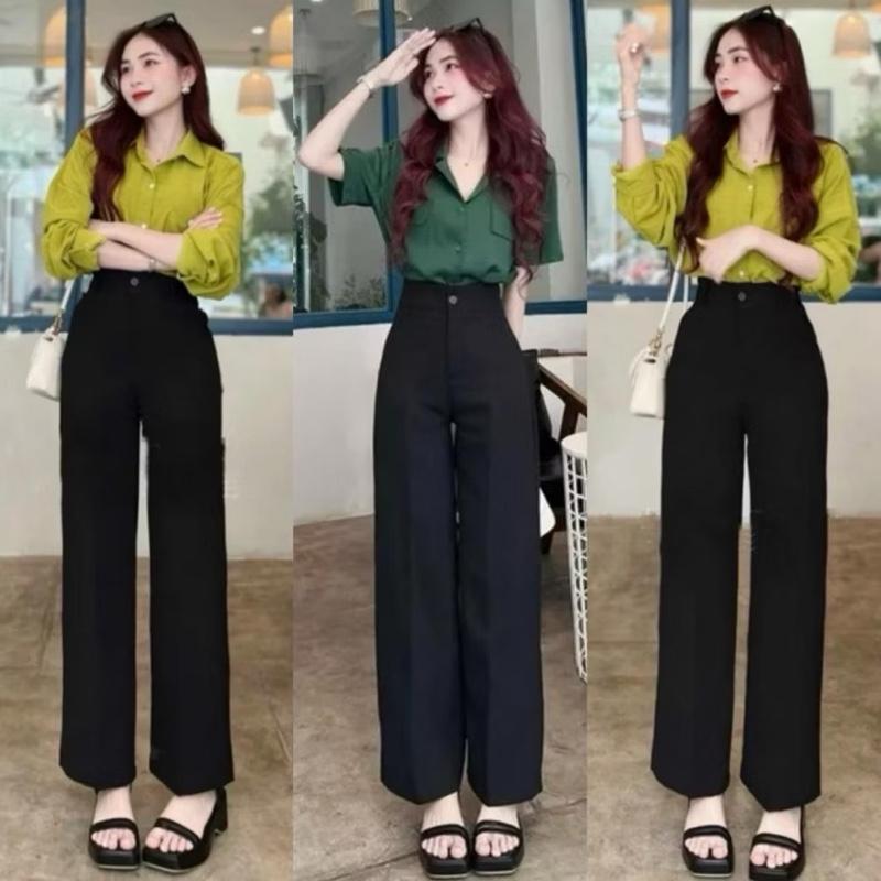 C Quần tây ống rộng nữ lưng cao 1 cúc dáng dài khóa kéo màu đen chất vải Tuyết Mưa mặc đi học đi làm đi công sở Máy có thể giặt được Pleated Ong Kem chân