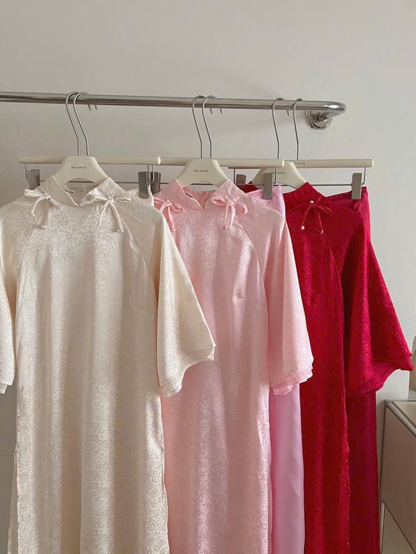Set áo dài cách tân 2 tà nữ Maian áo đính nơ in hoa chất lụa gấm cổ tim dáng suông kèm theo quần lụa bóng ống rộng S5268 7