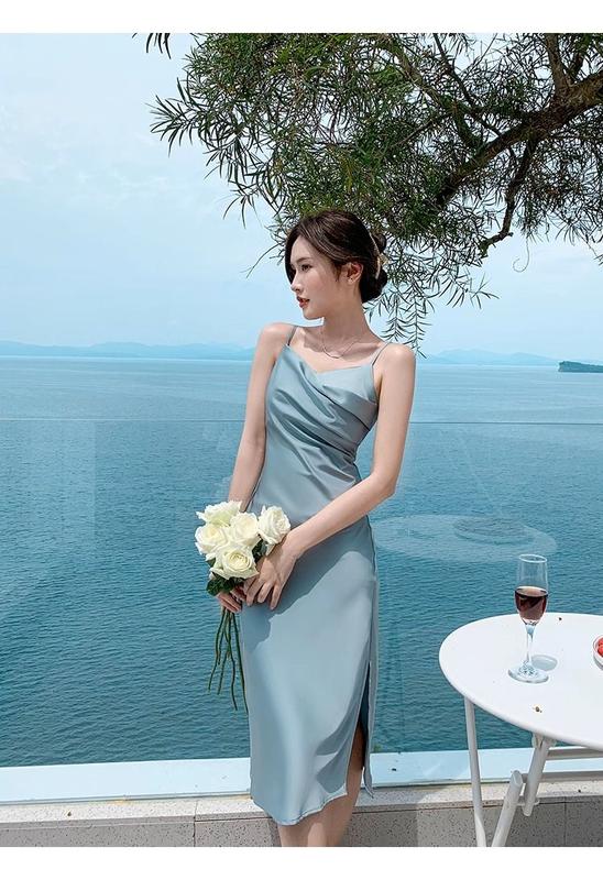 Product Introduction of D2829-French blue suspender dress, women's summer satin texture, high-end feeling, slim fit temperament, design sense, unique dress 11