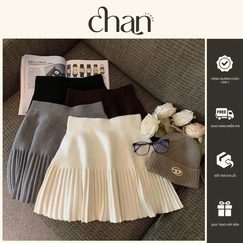 Chân váy len dáng ngắn phối xếp li nhỏ phong cách hàn quốc 0