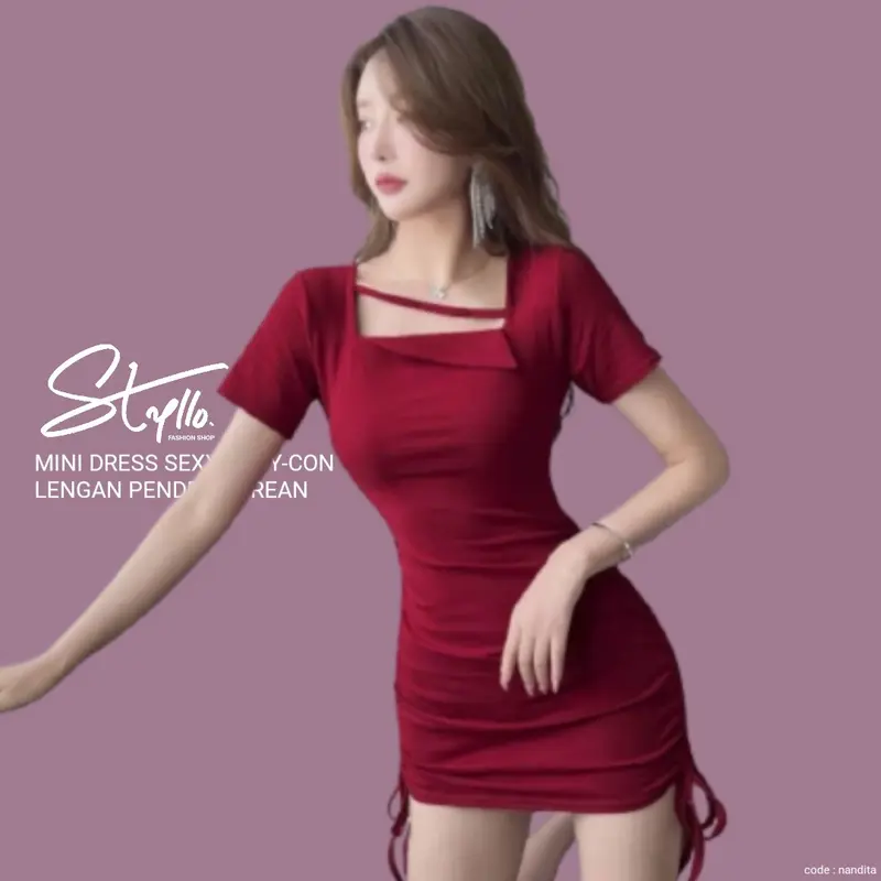 Baju Bodycon Sexy Mini Dress Korea Lengan Pendek Wanita Body Pita Scuba Boat Square Neck Polos Basic Premium Merah Maroon Marun Polos Manis Cantik 3