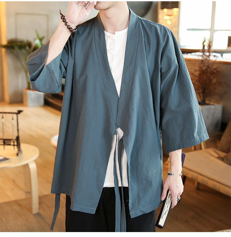 Product Introduction of Quần Áo Ba Phần Tư Tay Áo Cho Nam, Áo Có Ve Áo Mùa Hè Phong Cách Trung Quốc, Quần Áo Phật Giáo Thiền Lay, Quần Áo Trà Phong Cách Cổ Xưa, Áo Choàng Vải Lanh Cotton 21