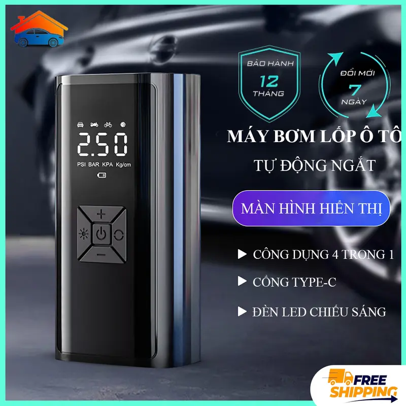 Máy bơm lốp xe hơi, máy bơm không khí không dây bơm nhanh tích hợp đèn báo sạc dự phòng. Bảo hành 12 tháng toàn quốc, đổi mới 7 ngày nếu lỗi. 0