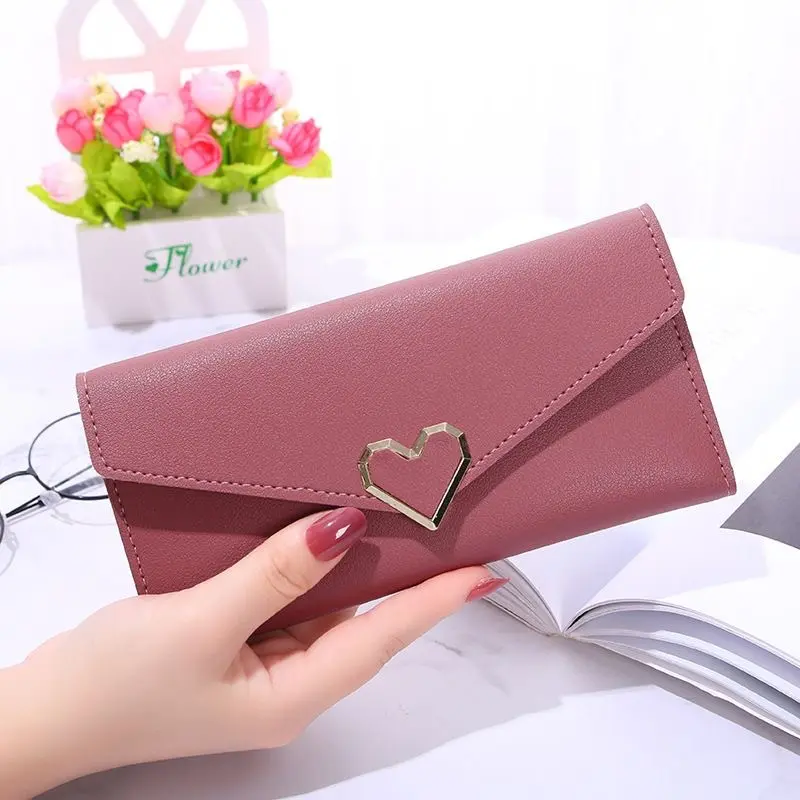 2022 New Plain Heart-shaped Wallet for Women Long Multi-card Slot Buckle Phone Wallet Women's Long Wallet