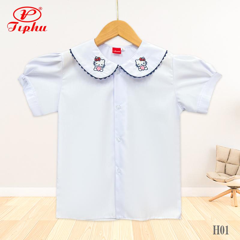 Áo cổ sen cho bé gái cấp 1 đi học, tay phồng, nhiều mẫu cổ thêu dễ thương, bigsize đến 65kg