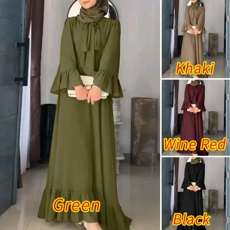 Trang Phục Hồi Giáo, Màu Trơn Thanh Lịch, Phong Cách Đi Làm Áo Chui Đầu Tay Áo Xếp Ly Ruy Băng, Váy xòe, Giảm Giá Mới 3