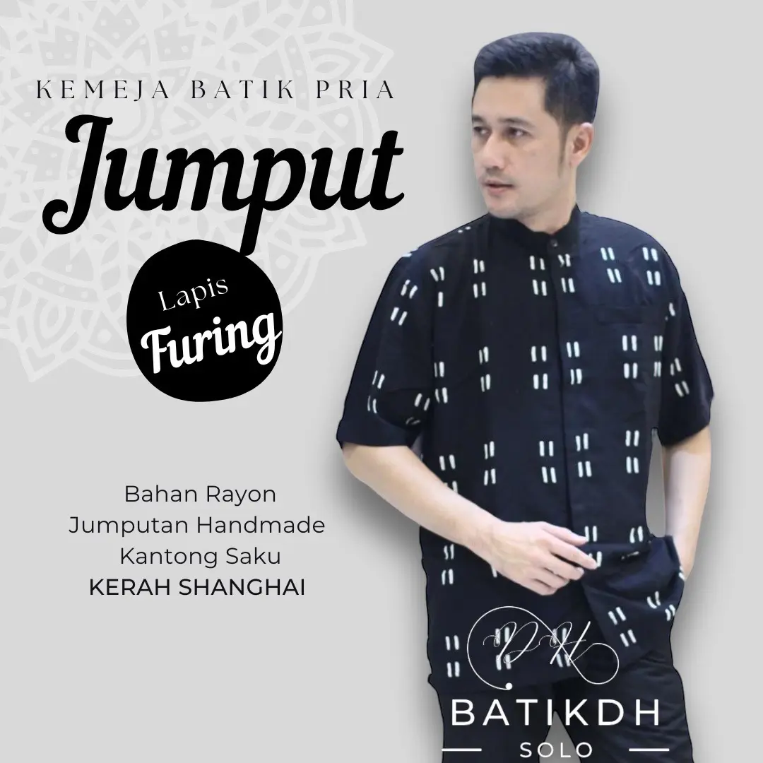Kemeja Jumputan Pria Lengan Pendek Kerah Shanghai Koko Lapis Furing Bahan Rayon Cap Handmade Solo Warna Hitam Merah Navy Terakota Lemon Creamy White