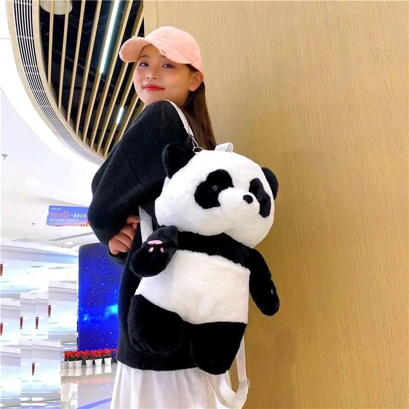 Balo gấu trúc dễ thương hoạt hình lông mềm mại dễ thương xu hướng đi học đi chơi (sẵn) Nhung Backpack Đeo Vai Kem xuhuong
